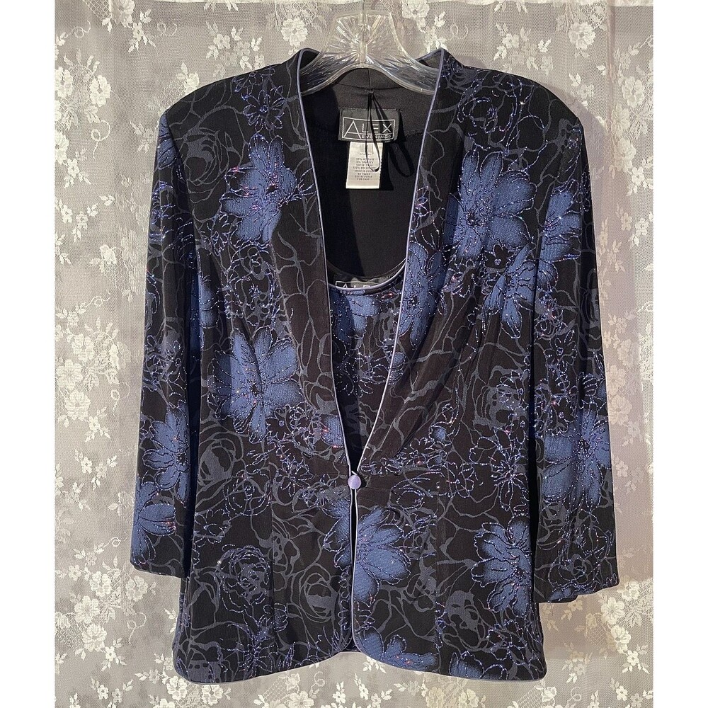 Vintage Y2K Glitter Top & Jacket Size Medium Blue Black Floral Goth Evening Set